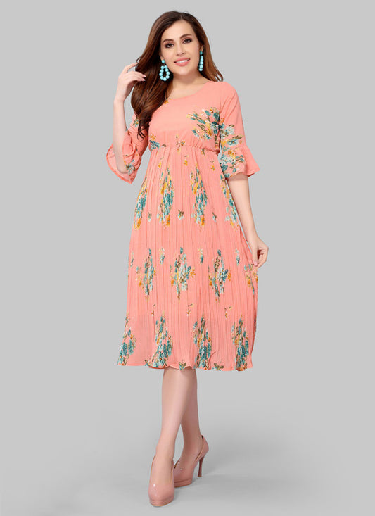 Peach Coloured Premium Chiffon Crepe Printed 3/4 Bell Sleeves Round Neck Knee Length Women Party/Daily wear Western Dress!!