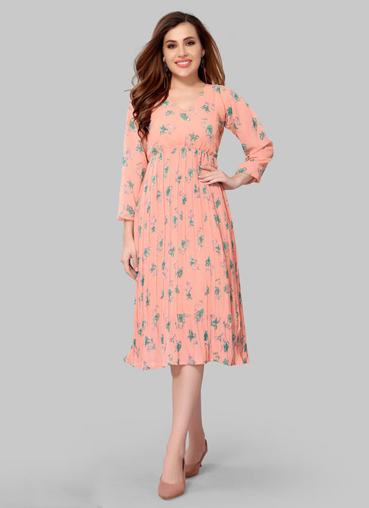 Peach Coloured Premium Chiffon Crepe Printed 3/4 Sleeves V Neck Knee Length Women Party/Daily wear Western Dress!!