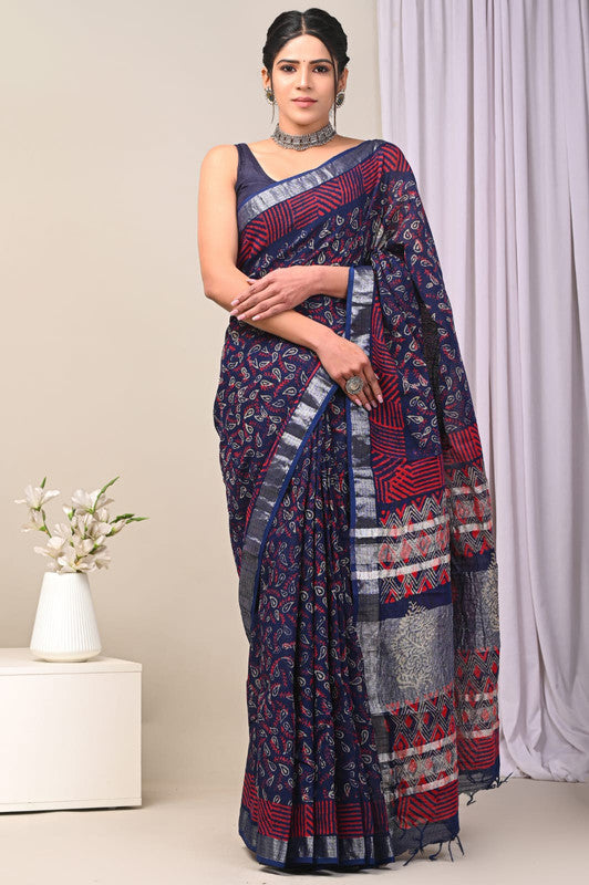 Blue & Multi Coloured Linen Cotton Beautiful Hand Block printed Women Daily/Party wear Saree with Blouse!!