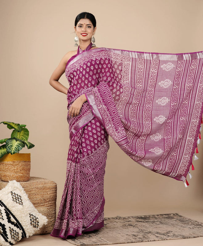 LINEN COTTON HAND PRINTED  SAREE WITH TAUSSAL