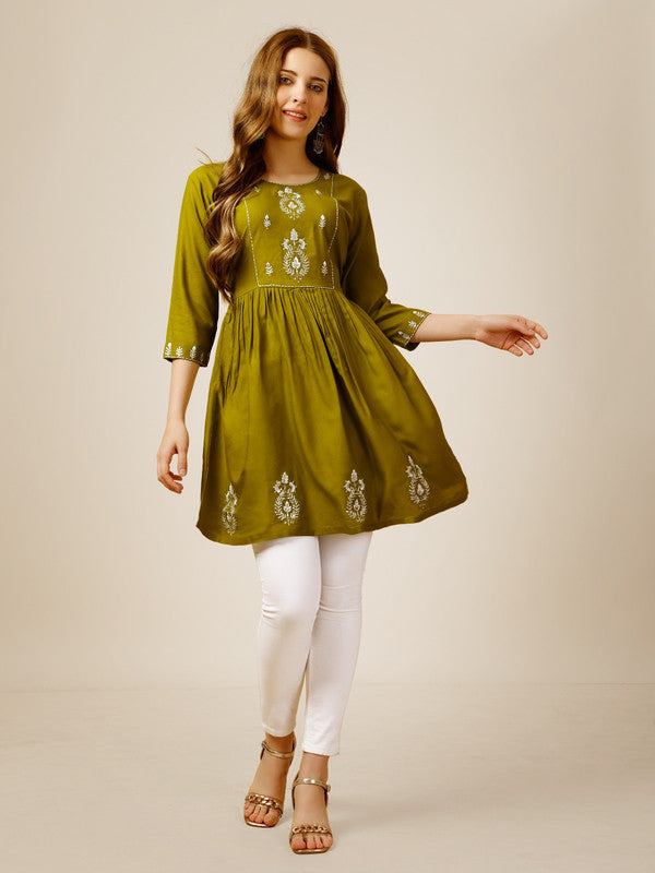 Mehendi Green Coloured Premium Rayon with Embroidery & Sequence Work Round Neck 3/4 Sleeves work Women Party/Daily wear Western Top!!