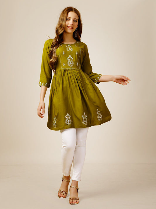 Mehendi Green Coloured Premium Rayon with Embroidery & Sequence Work Round Neck 3/4 Sleeves work Women Party/Daily wear Western Top!!