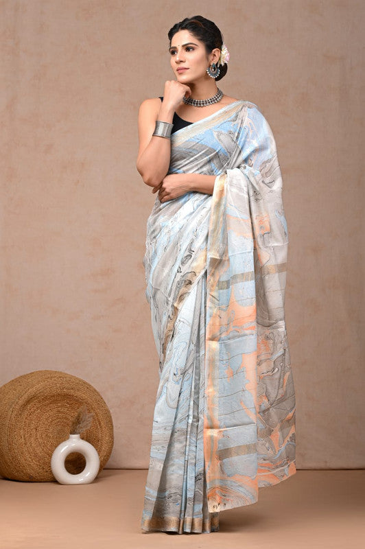 Light Blue & Multi Coloured Hand Block Printed Women Designer Party wear Maheshwari Cotton Silk Saree with Runnin Blouse!!