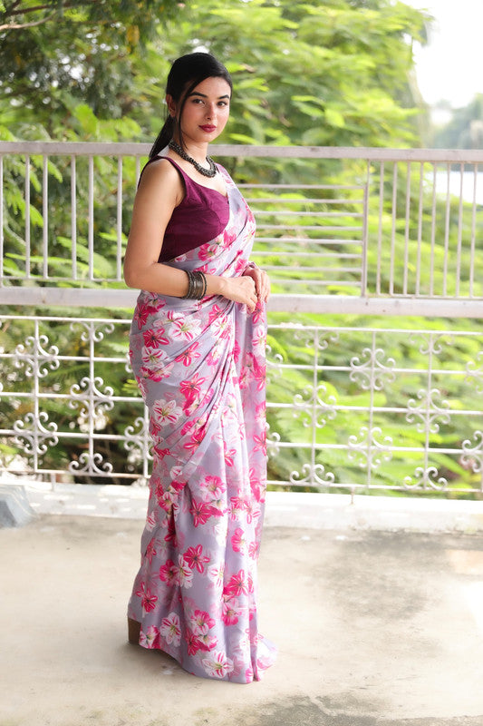 Bluish Grey Saree in Cotton Silk Patola Printed Temple Woven