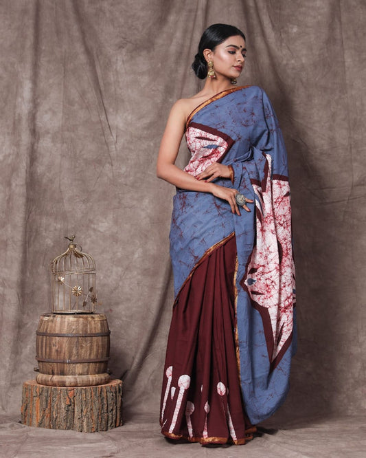 Blue Coloured Cotton Jari Border Saree with Blouse!!