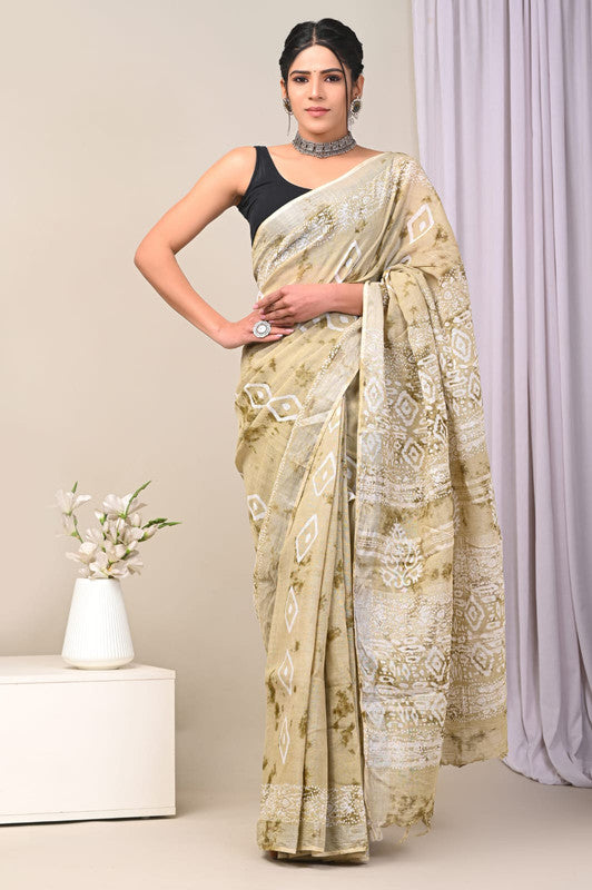 Light Pista Green & Off White Exclusive Hand Block printed Women Daily/Party wear Linen Cotton Saree with Blouse!!