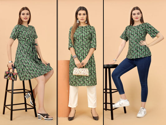 Green & Multi Coloured Premium Crepe Printed Women Daily wear Kurti, Western Top & Western Dress Combo ( 3 Pcs )!!
