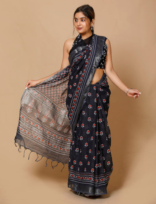 LINEN COTTON HAND BLOCK PRINT SAREE WITH BLOUSE!!