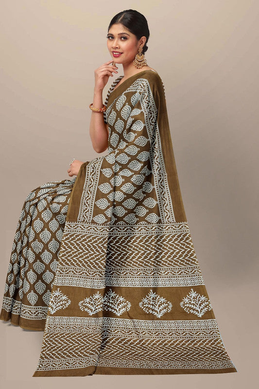 Brown & White Coloured Premium Mul Mul Cotton Beautiful Hand Block printed Women Daily/Party wear Saree with Blouse!!