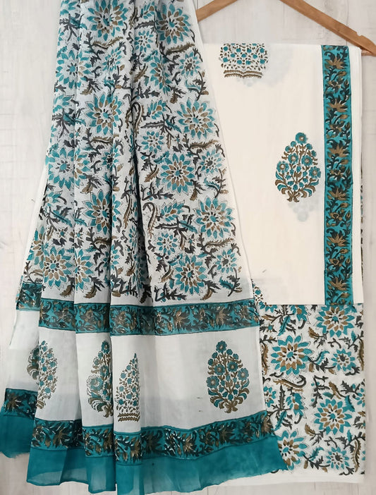 Light Green & White Coloured Unstitched Pure Cotton Hand Block Printed Women Party/Daily wear Dress Material Suit- Top with Bottom & Cotton Dupatta!!