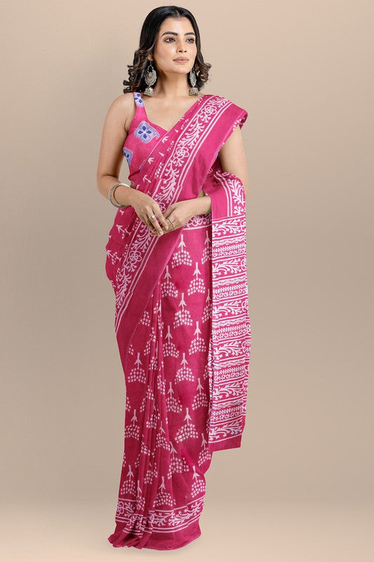 Pink & White Coloured Premium Mul Mul Cotton Beautiful Hand Block printed Women Daily/Party wear Saree with Blouse!!