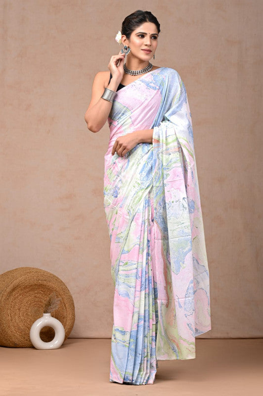 Light Pink & Multi Coloured Hand Block Bagru, Dabu & Batik Dye Print Women Designer Party wear Pure Cotton Saree with Runnin Blouse!!