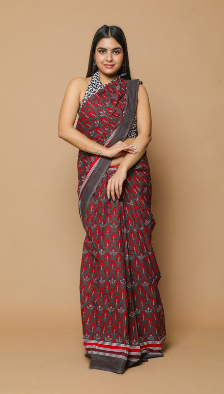 Maroon & Brown Coloured Beautiful Hand Block printed Women Daily/Party wear Pure Mul Cotton Saree with Blouse!!