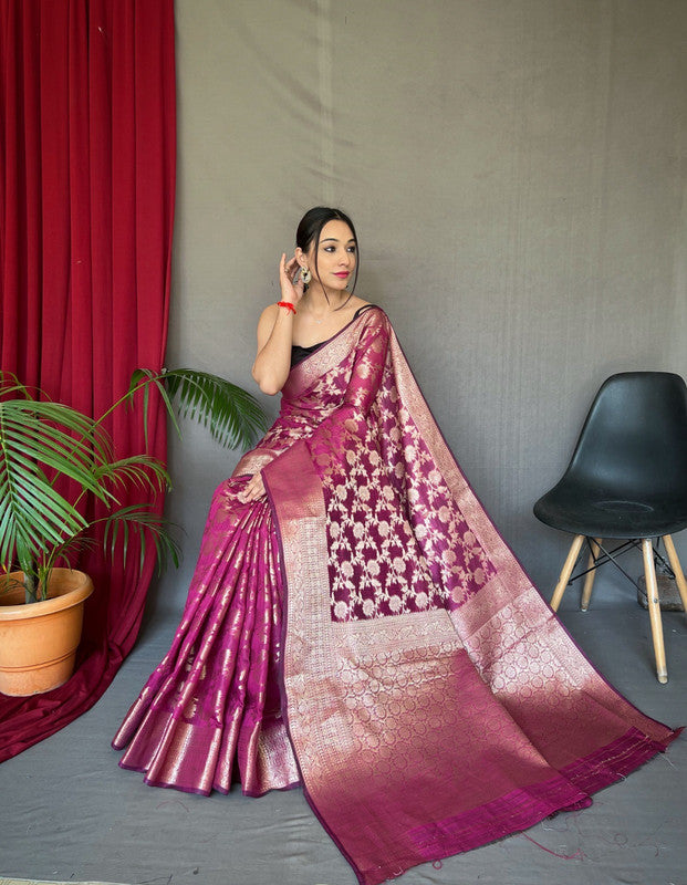 Dark Pink Coloured Pure Linen Cotton with Copper Weaving Women Designer Party wear Linen Cotton Saree with Brocade Blouse!!