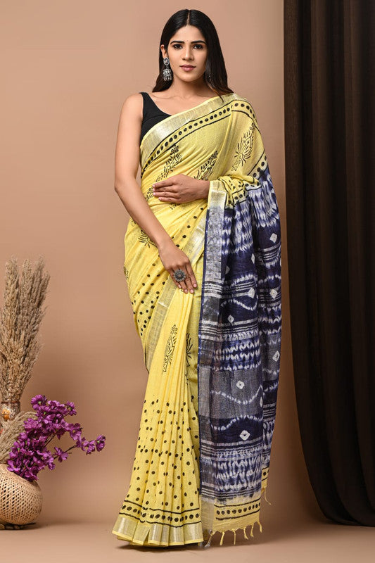 Yellow & Multi Coloured Linen Cotton Beautiful Hand Block printed Women Daily/Party wear Saree with Blouse!!