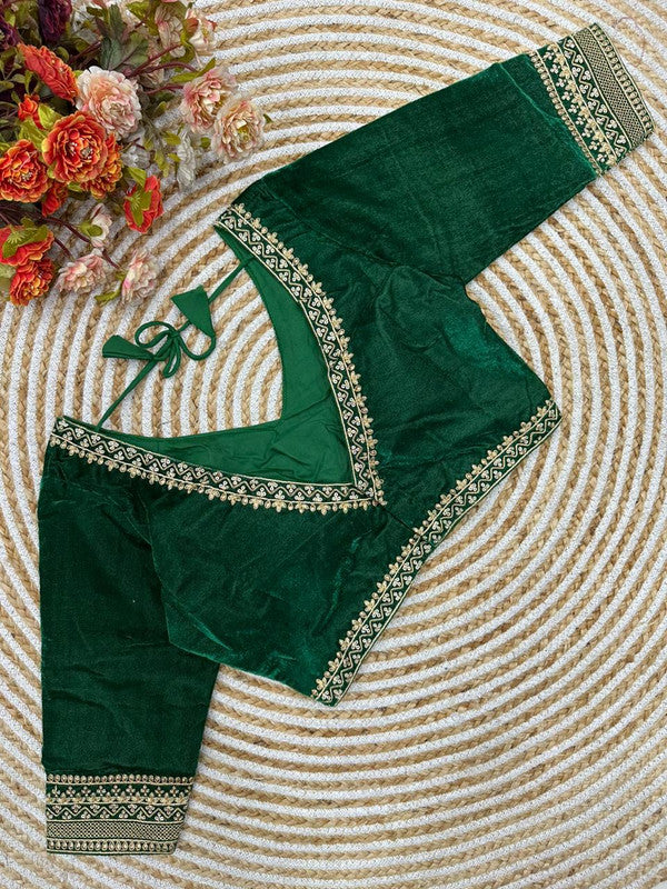 Green Coloured Premium Pure Velvet Heavy Embroidery & Handwork Woman Ready made Designer Bridal Blouse- Free Size Up to 38 Inch!!