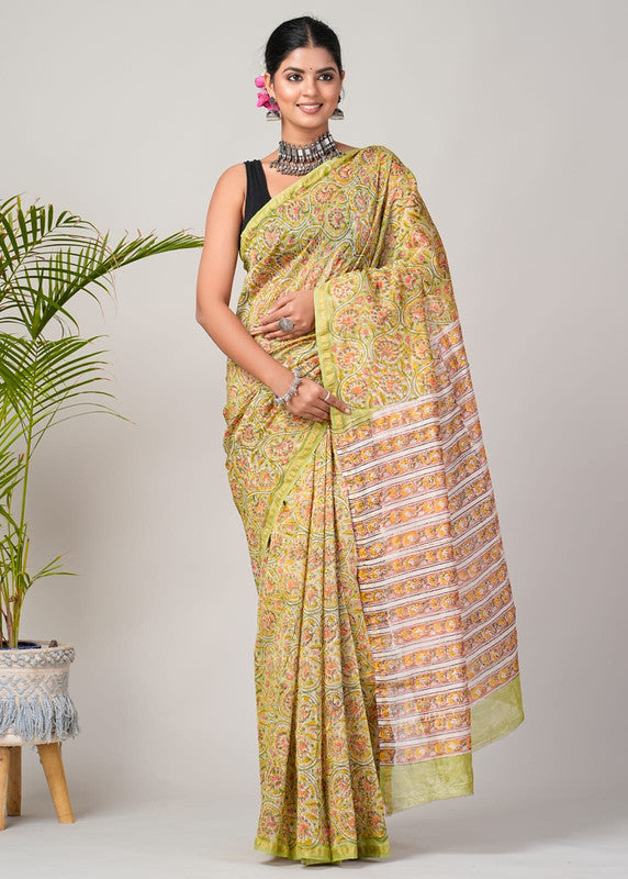 Mehendi Green & Off White Coloured Hand Block Printed Women Designer Party wear Chanderi Cotton Silk Saree with Runnin Blouse!!