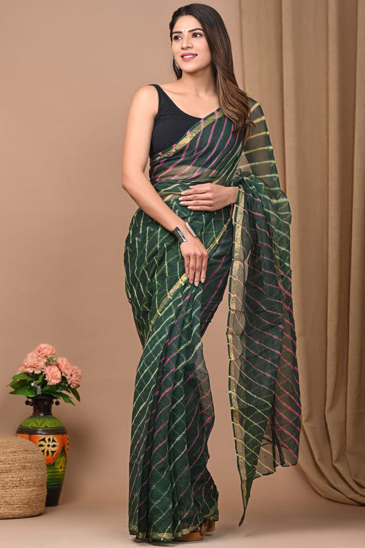 Green & Multi Coloured Kota Doriya Cotton Beautiful Hand Block printed Women Daily/Party wear Saree with Blouse!!