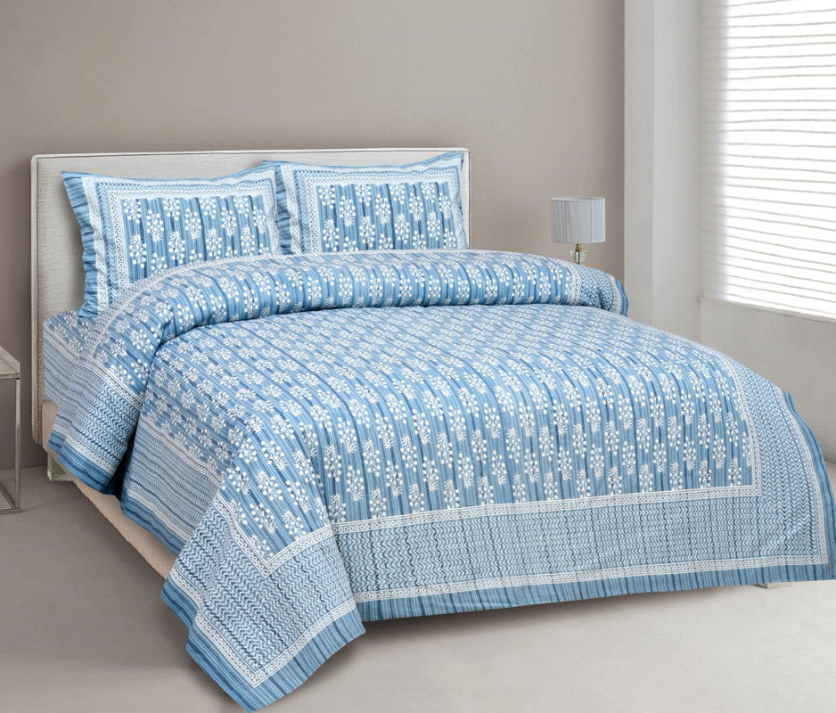 Blue & Multi Coloured Pure Cotton Beautiful Hand Printed Queen size Double Bed sheet with 2 Pillow covers!!