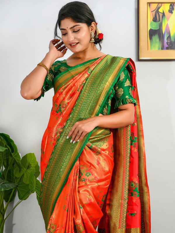 Orange & Green Coloured Antique Weaving Heavy Golden Contrast Big Border Women Designer Party wear Pure Soft Kanjivaram Silk Saree with Blouse!!