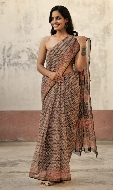 Beige & Black Coloured Kota Doriya Cotton Beautiful Hand Block printed Women Daily/Party wear Saree with Blouse!!