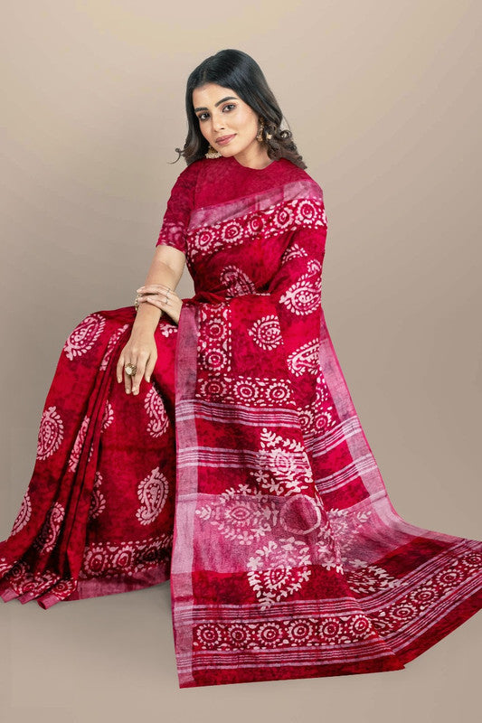 Maroon & Multi Coloured Linen Cotton Beautiful Hand Block printed Women Daily/Party wear Saree with Blouse!!