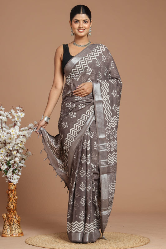 Grey & Multi Coloured Linen Cotton Beautiful Hand Block printed Women Daily/Party wear Saree with Blouse!!