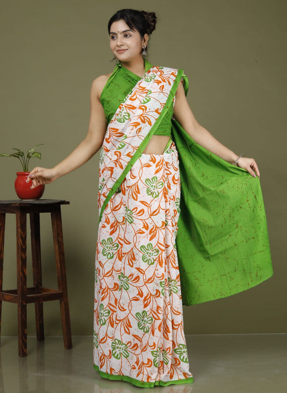 Green & Multi Coloured Hand Printed Super dying Quality Mul Cotton Women Daily wear Saree with Blouse!!