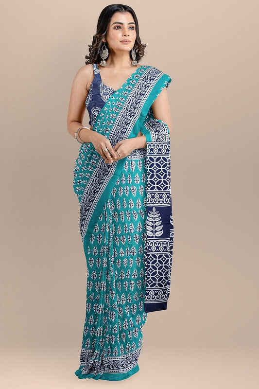 Rama Blue & Multi Coloured Premium Mul Mul Cotton Beautiful Hand Block printed Women Daily/Party wear Saree with Blouse!!