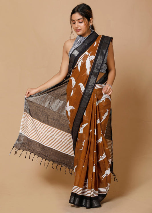 LINEN COTTON HAND BLOCK PRINT SAREE WITH BLOUSE!!