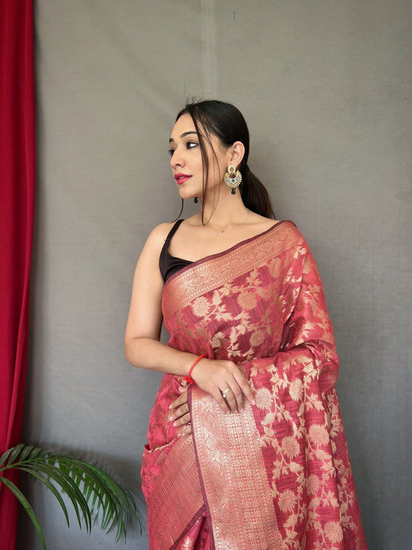 Pink Coloured Pure Linen Cotton with Copper Weaving Women Designer Party wear Linen Cotton Saree with Brocade Blouse!!