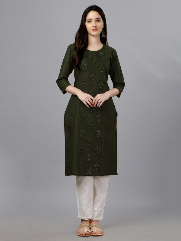 Dark Green Coloured Pure Cotton with Embroidery work Women Designer Daily wear Kurti!!