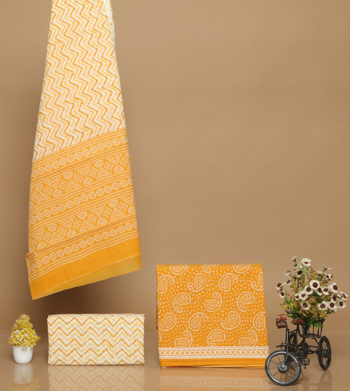 Yellow & Mustard Cotton Hand Printed Dress Material with Salwar & Cotton Dupatta!!