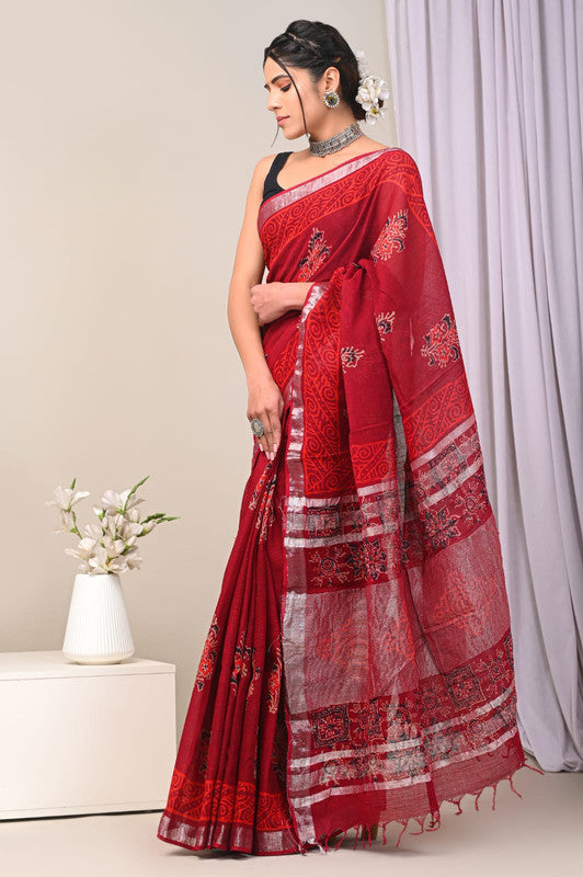 Red & Multi Coloured Linen Cotton Beautiful Hand Block printed Women Daily/Party wear Saree with Blouse!!