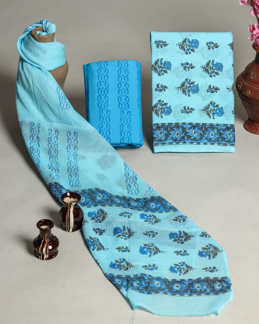 Sky Blue & Multi Coloured Beautiful Unstitched Pure Cotton Hand Printed Women Party/Daily wear Dress Material Suit- Top with Bottom & Cotton Dupatta!!