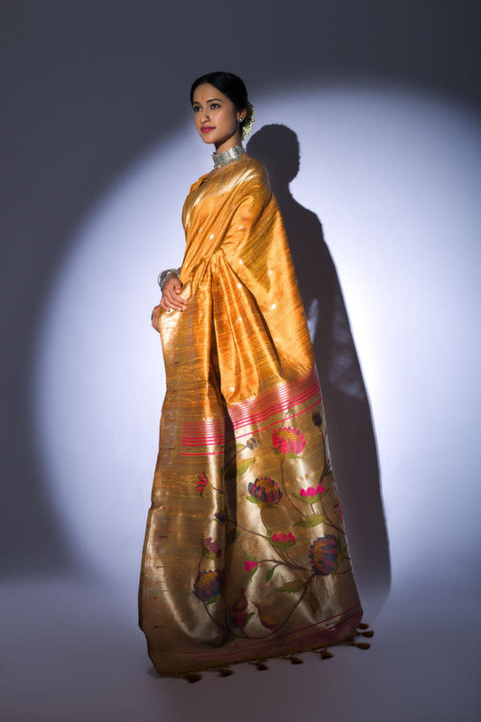 Yellow Tussar silk Pure Paithani Silk Saree with pure zari woven broad border!!