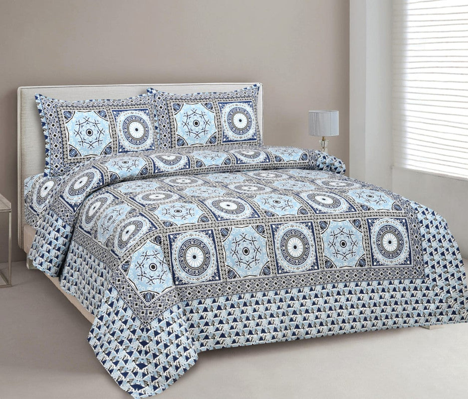 Sky Blue & Multi Coloured Pure Cotton Beautiful Hand Printed Queen size Double Bed sheet with 2 Pillow covers!!