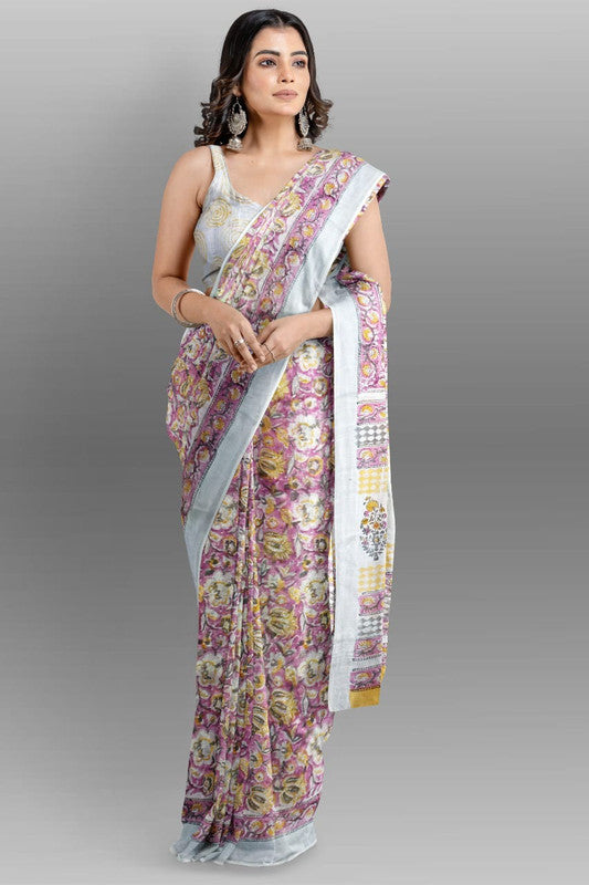 Pink & Multi Coloured Linen Cotton Beautiful Hand Block printed Women Daily/Party wear Saree with Blouse!!