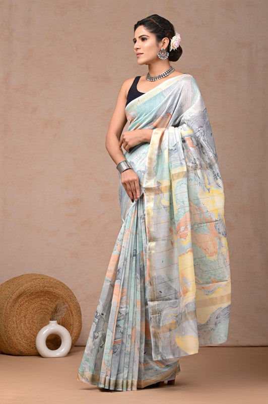 Light Blue & Multi Coloured Hand Block Printed Women Designer Party wear Maheshwari Cotton Silk Saree with Runnin Blouse!!