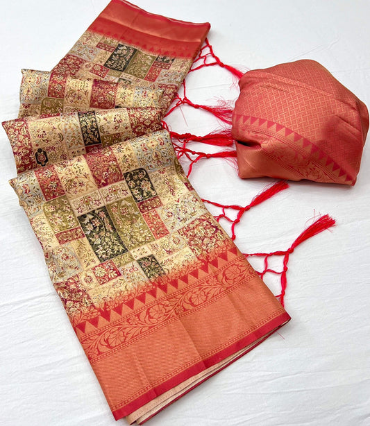 Orange & Multi Coloured Jacquard Handloom Silk with Fancy Latkan Women Party wear Saree with Fancy Blouse!!