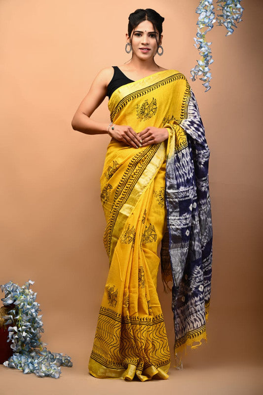 Mustard Yellow & Multi Coloured Linen Cotton Beautiful Hand Block printed Women Daily/Party wear Saree with Blouse!!