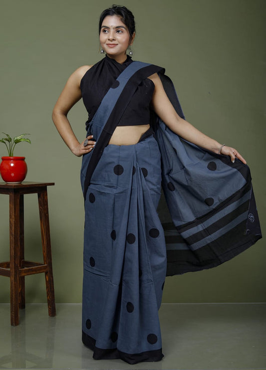 Dark Grey & Navy Blue Coloured Hand Printed Super dying Quality Mul Cotton Women Daily wear Saree with Blouse!!