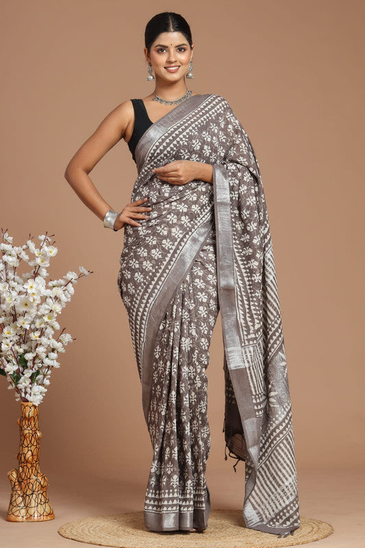 Grey & Multi Coloured Linen Cotton Beautiful Hand Block printed Women Daily/Party wear Saree with Blouse!!