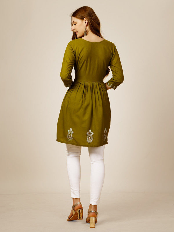 Mehendi Green Coloured Premium Rayon with Embroidery & Sequence Work Round Neck 3/4 Sleeves work Women Party/Daily wear Western Top!!