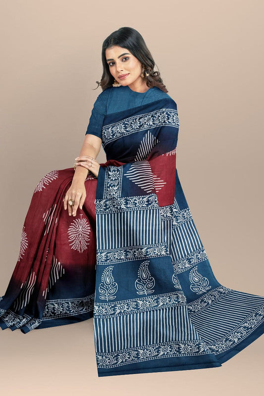 Maroon & Multi Coloured Premium Mul Mul Cotton Beautiful Hand Block printed Women Daily/Party wear Saree with Blouse!!