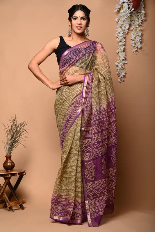 Purple & Multi Coloured Kota Doriya Cotton Beautiful Hand Block printed Women Daily/Party wear Saree with Blouse!!