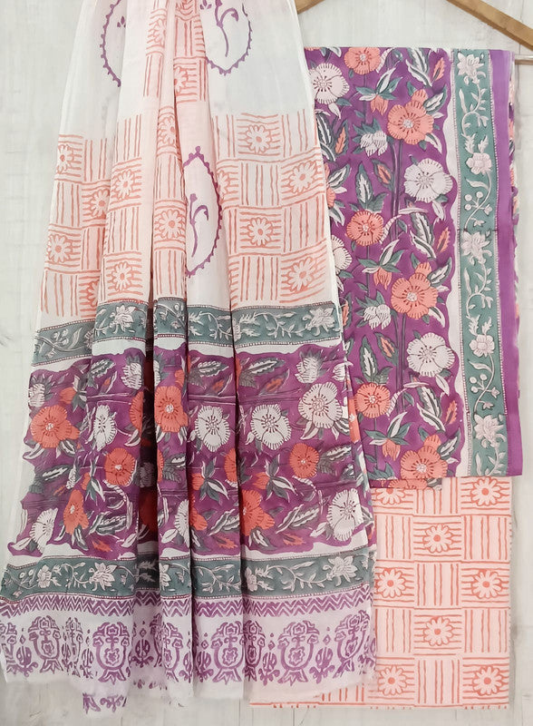 Purple & Pink Coloured Unstitched Pure Cotton Hand Block Printed Women Party/Daily wear Dress Material Suit- Top with Bottom & Cotton Dupatta!!