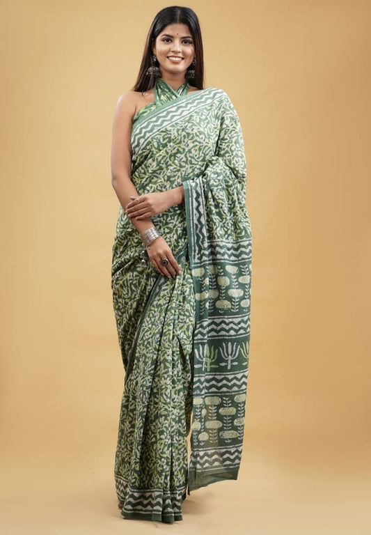 Green & Off White Coloured Beautiful Hand Block printed Women Daily/Party wear Pure Cotton Saree with Blouse!!