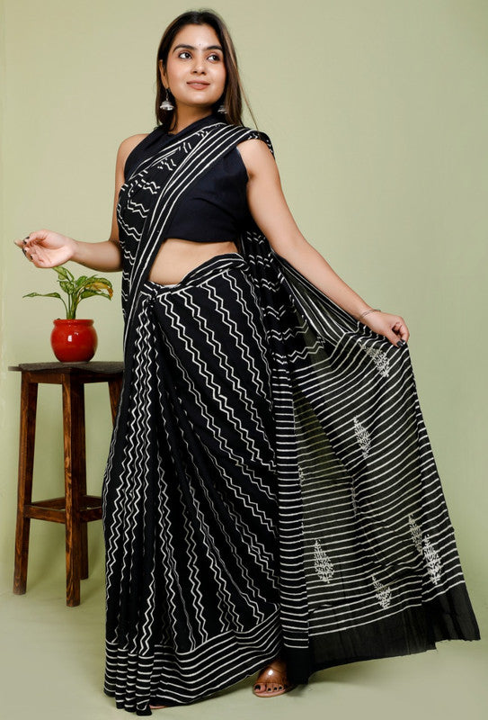 BEAUTIFUL BLACK HAND PRINTED MUL COTTON SAREE!!