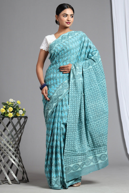 Light Green & Sky Blue Coloured Pure Cotton Beautiful Hand Block printed Women Daily/Party wear Saree with Blouse!!